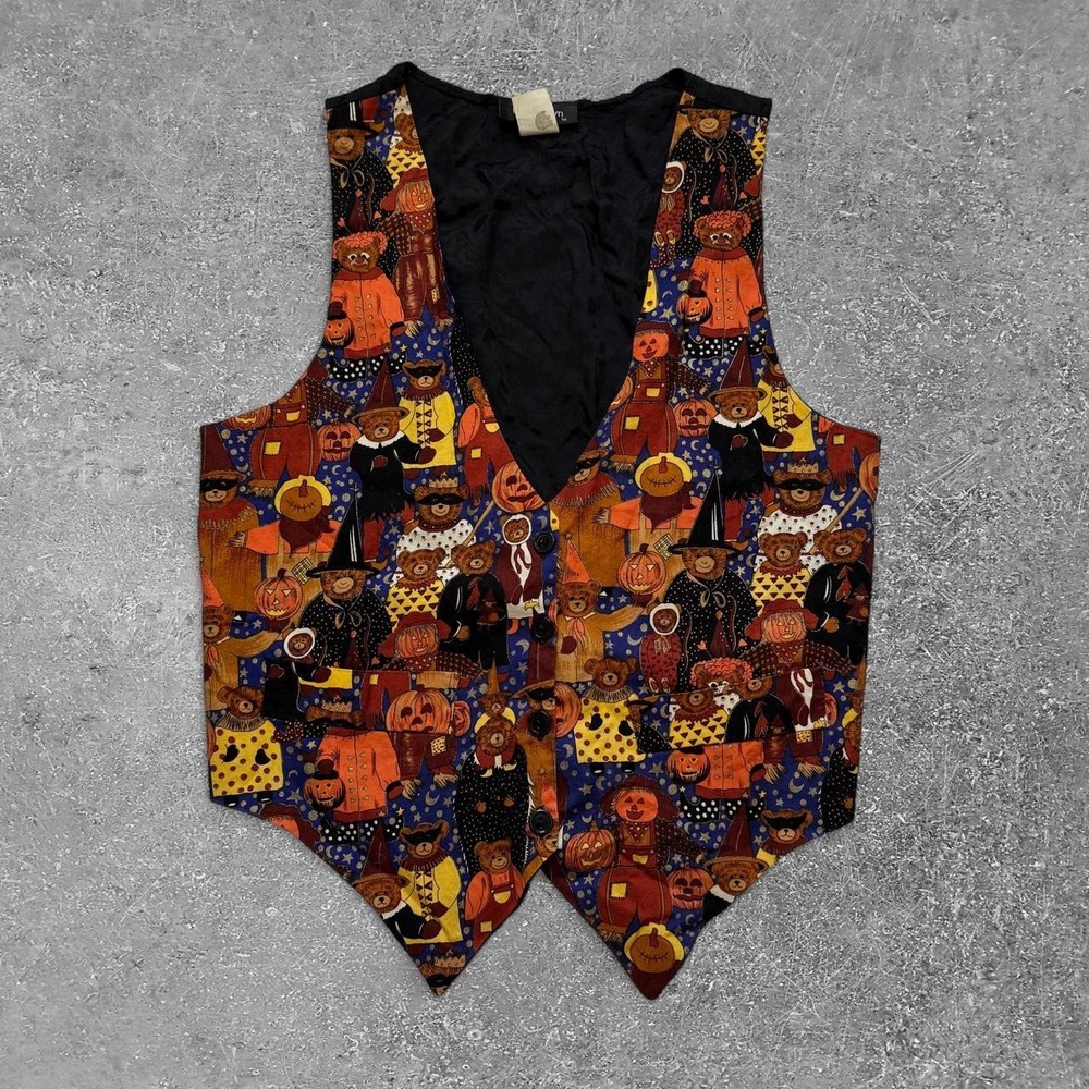 Robyn-Lyn Halloween Vest Womens Small Black Multi Teddy Bear Pumpkin Vintage